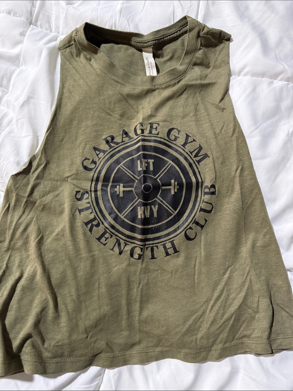 Bella Canvas Olive Green Muscle Tee with Garage Gym Strength Club Graphic